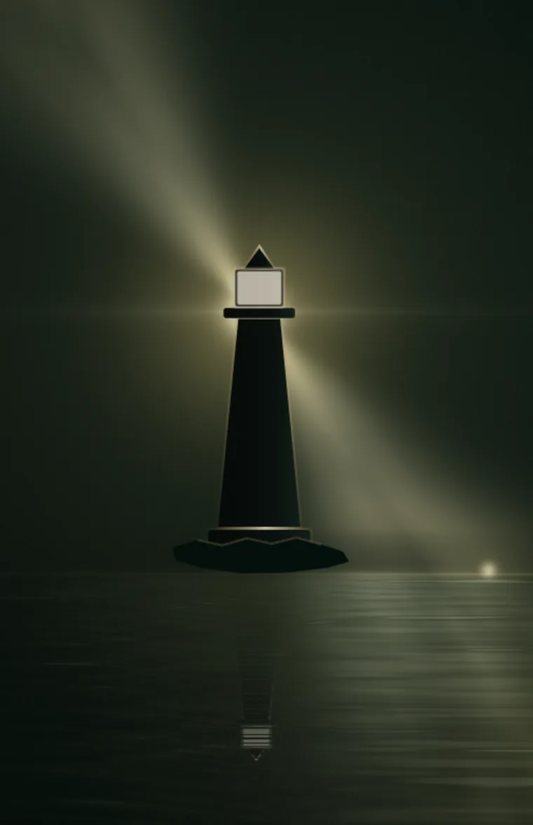El símbolo de Faro Digital: dos rayos que convergen en un punto de luz, con su haz barriendo la oscuridad
